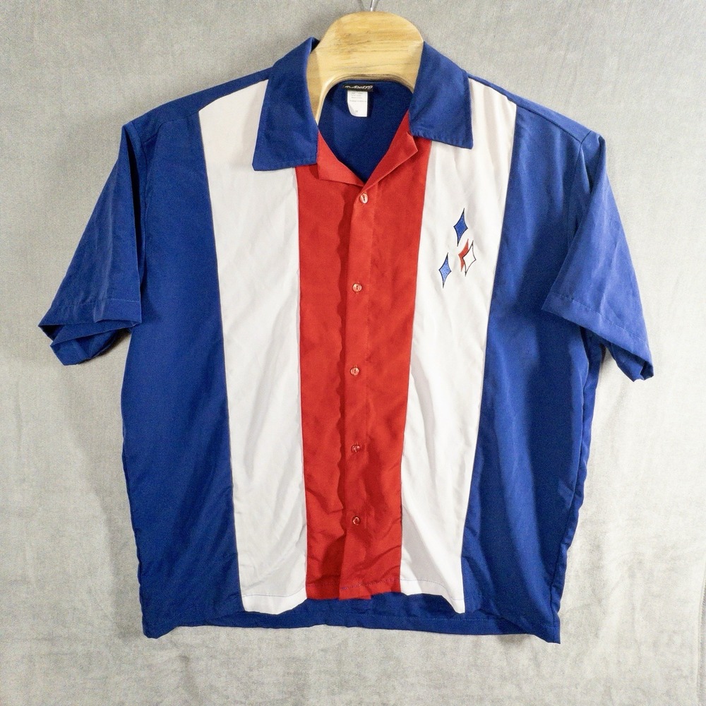 Vtg Be Retro Bowling Shirt Mens 3XL Short Sleeve USA Made Red White Blue Diamond